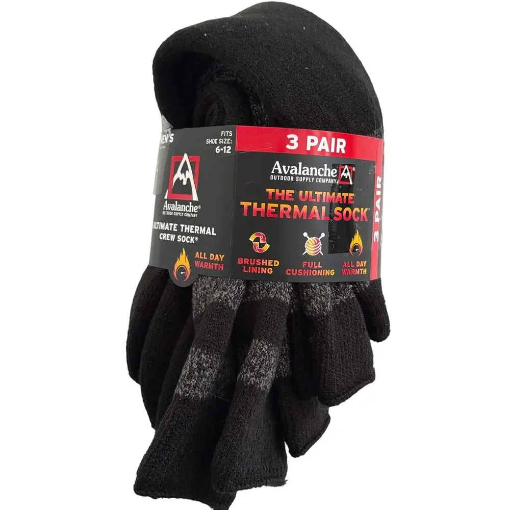 Avalanche Outdoor Supply Men's 3pk Ultimate Thermal Crew Socks Black Size 6-12